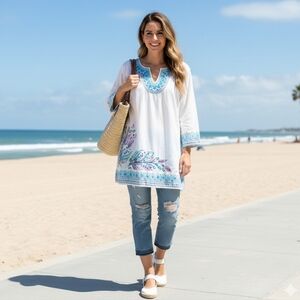 CATHERINE'S Tunic White and Blue Embroidered with Rhinestones Plus Size 1X